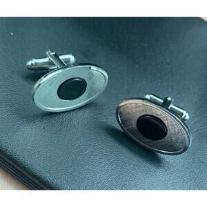 Vintage Pair of Silver Tone Dante Mid-century Cufflinks with Black stone Signed